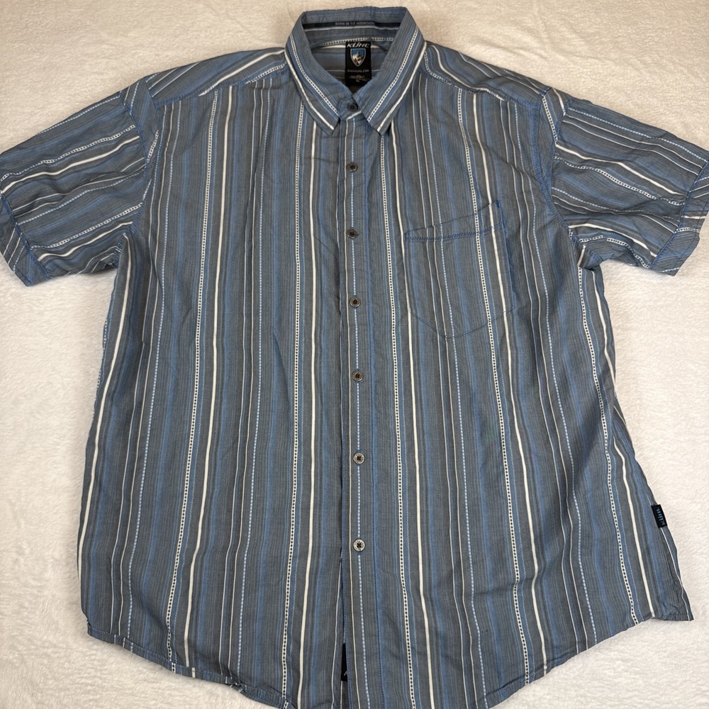 Kuhl Suncel Shirt Men's XL Blue Gray Striped Short Sleeve Button Up Shirt EUC